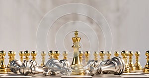 a chess board with a golden and silver chess set, 3D render