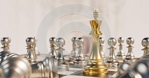 a chess board with a golden and silver chess set, 3D render