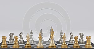 a chess board with a golden and silver chess set, 3D render