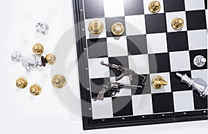 Chess Board isolated on white background. Golden and silver figures