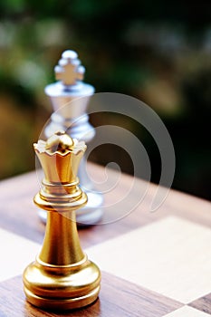 Chess board king. Queen stand against the king. Focus on Queen. Business planning and strategic concept