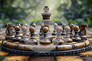 A chess board with many pieces around.