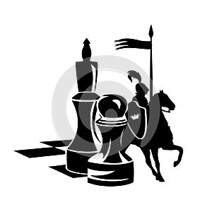 Chess board with pawn, king and knight riding a real horse black vector design