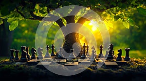 A chess board with chess pieces under a tree in the sunlight