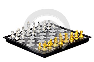 Chess board and pieces on white background