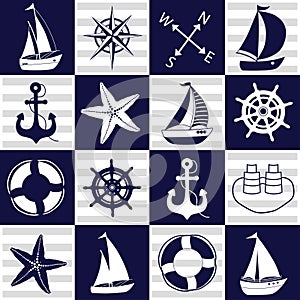 Chess board seamless marine pattern. Squares with nautical elements