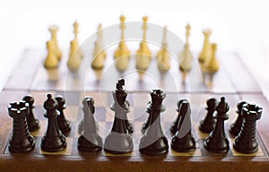 Chess board set up and ready to play. Narrow depth of field