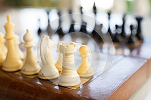 Chess board set up and ready to play. Narrow depth of field