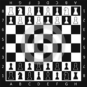 Chess boards on black and white background. checkers game with pieces in black and white. Vector illustration