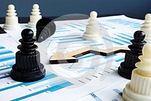 Chess and business reports with financial graphs. Strategy and risk management