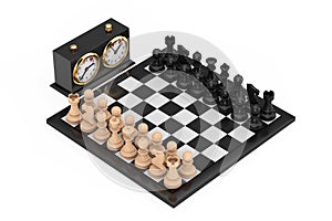 Chess with Chess board and Chess Clock. 3d Rendering