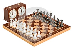 Chess with chess clock, 3D rendering