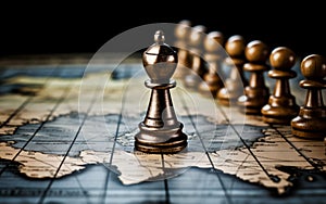 Chess concept of business ideas and competition. Chess figures on the world map background
