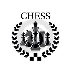 Chess emblem. Chess Pieces King, Knight, Rook, Pawns with a wreath. Vector illustration isolated on white
