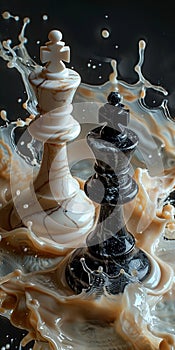 The chess figures appear immersed in a liquid world, surrounded by undulating splashes
