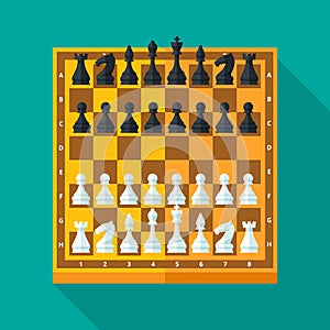 Chess figures and board set in flat style.
