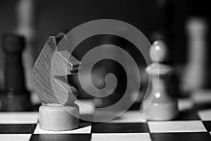 Chess figures on a chessboard in black and white