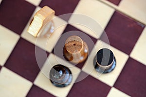 Chess figures on a chessboard. Top view