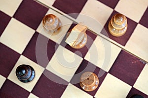 Chess figures on a chessboard. Top view