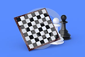 Chess figures pawns near chess board on blue background