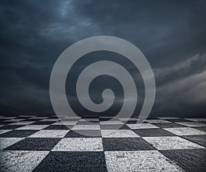 Chess floor and dark sky background