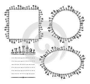 Chess frames set with chess figures and place for text and chess black and white blank template