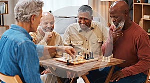 Chess, friends and board games on wooden table thinking of strategic or tactical move at home. Senior group of men