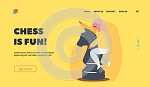 Chess is Fun Landing Page Template. Little Girl Sitting on Huge Horse Figure Playing Chess. Child Enjoying Tactics Game