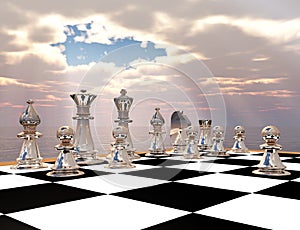 Chess game against cloudy sky with sun rays