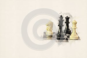 Chess game. Aquarelle, watercolor illustration.