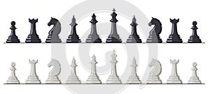 Chess game. Black and white chess pieces, king, queen, bishop, rook, knight and pawn. Logic intellectual chess game