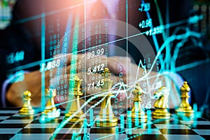 Chess game on chess board on stock market or forex trading graph chart for financial investment concept. Economy trends for