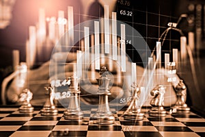 Chess game on chess board on stock market or forex trading graph chart for financial investment concept. Economy trends for