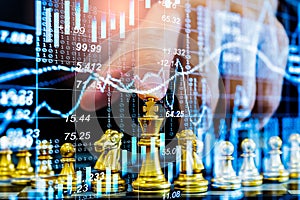 Chess game on chess board on stock market or forex trading graph chart for financial investment concept. Economy trends for