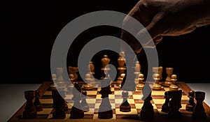 chess game chess figures on an old wooden table, black background copy space, the hand of a businessman moving chess figure, strat
