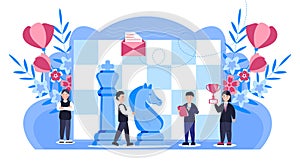 Chess game concept vector. People work. Business, marketing strategy illustration with flower, leaves. Successful teamwork and