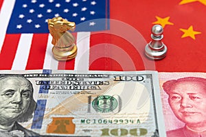 Chess game, A king stand confront the enemies on China and US national flags. Trade war concept. Conflict between two big