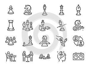 Chess game line icon set. Included the icons as strategy  gambit  checkmate  board game  and more. photo