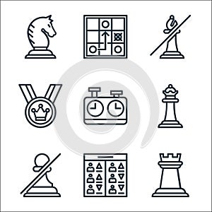 chess game line icons. linear set. quality vector line set such as rook, players, pawn, queen, chess clock, winner, bishop,