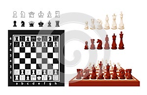 Chess Game Pieces On Chessboard. Figures King, Queen, Rook, Knight, Bishop, Pawn Isolated On White Background