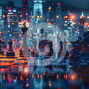 Chess game set against vibrant cityscape, symbolizing strategic planning