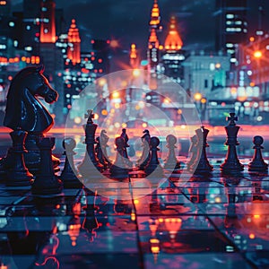 Chess game set against vibrant cityscape, symbolizing strategic planning