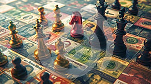 A chess game strategically played on a board of various international currencies, depicting the intricate correlation between photo
