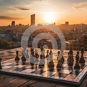 Chess Game at Sunset with Blurred Cityscape