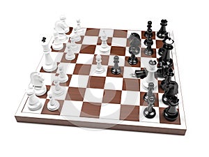 Chess game, white has won. Scholar`s mate. 3d rendering illustration
