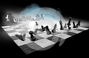 Chess games with floating chess pieces with foggy clouds photo