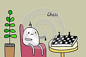Chess hand drawn vector illustration in cartoon style. Men sitting on the chair with board