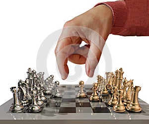 Chess hand move golden  metalic with all pawns and battle just begins - 3d rendering