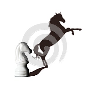 Chess horse with shadow as a wild horse on white. Potentiality concept