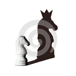 Chess horse with shadow feels as king on white Vision Potentiality concept